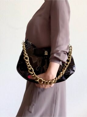 Salvatore Ferragamo Black Patent Shoulder Bag with Chunky Gold Chain